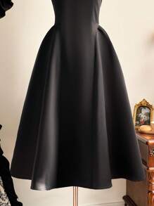 Vintamour 复古优雅女式连衣裙，春夏修身水钻链条装饰灯笼下摆连衣裙，黑色无袖修身喇叭裙 - 黑色 - 查看 5