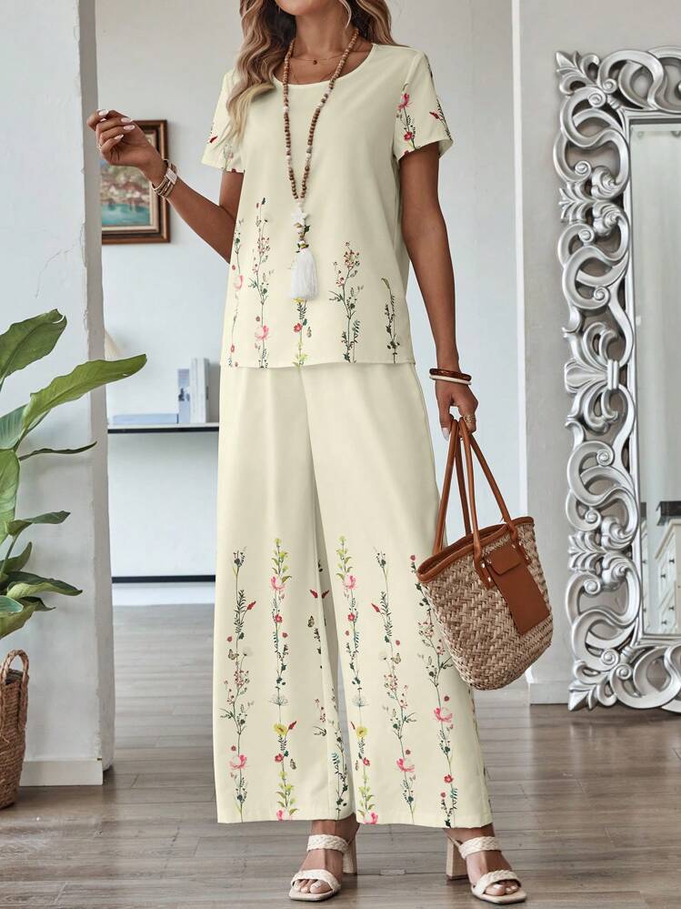 SHEIN RusticEase 2pcs Women Printed Short Sleeve Round Neck T-Shirt And Pants Set, Stylish For Summer Island Vacation Outfits - Apricot - View 4