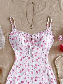 SHEIN WYWH Đầm ôm sát mini dây rút họa tiết hoa Ditsy, phong cách thường ngày/nghỉ dưỡng, xanh dương và trắng - Hồng - Xem 7