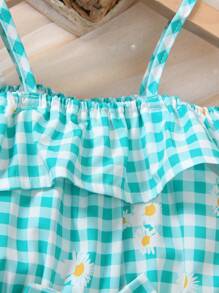 2pcs Set: Daisy Floral & Plaid All-Over Print Elastic Adjustable Spaghetti Strap Romper, With Matching Sun Hat. Comfortable & Skin-Friendly Woven Fabric, Suitable For Girls' Summer Beach, Outdoor, Party, Photo Shooting