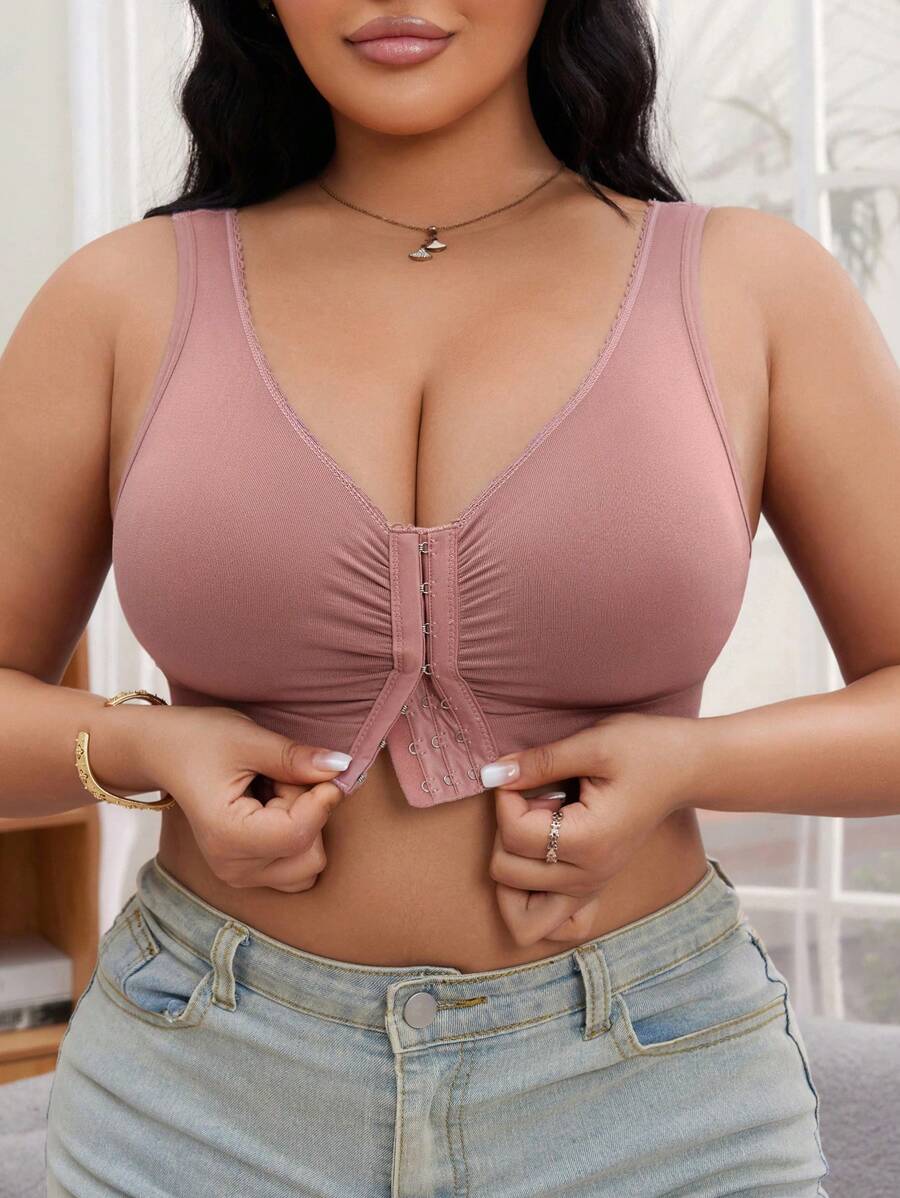 SHEIN 1 chiếc áo ngực không đường may đơn giản, thoải mái, màu trơn, đóng mở phía trước dành cho nữ, dây đeo đôi dạng rộng - Bụi tím - Xem 1