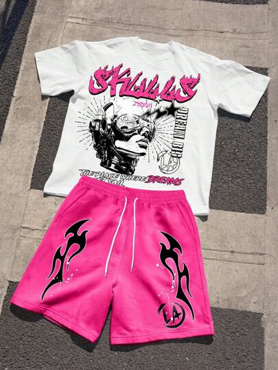 Manfinity EMRG 2pcs Men's Casual Graphic Letter Print Short Sleeve T-Shirt & Shorts Set, Summer