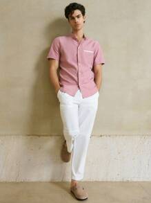 HIMLAND Men Mock Neck Button Front Short Sleeve Shirt, Old Money - Pink - View 4