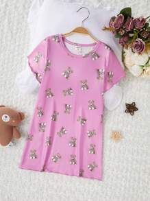 Young Girl Loose Cute Bear Print Ruffled Hem Long Nightgown, White, Summer - Pink - View 8