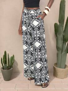 Maija Pantalones casuales sueltos, bohemios y de playa con estampado floral tropical en negro, cintura elástica con cordón, bolsillos, minimalistas y de moda para uso diario y exterior en verano