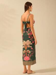 CAJUNI Women's Vacation Casual Summer Boho Green Tropical Plant Print Sleeveless Waist Hollow Out Lace-Up Backless Split Dress - Multicolor - View 2