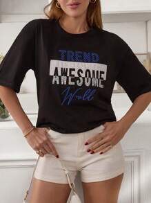 EURMUSE Damen T-Shirt mit Slogan Motiv, 3D Softtouch, Rundhalsausschnitt, lockere Passform