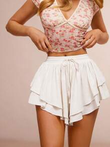 WESTFADE High Rise Smocked Elasticized Drawstring Cute Bow Tie Front Waist Ruffle Tiered High Low Dolphin Hanky Hem Western Cowgirl Cheeky Shorts Spring Summer Beach Vacation Fall, Autumn, Winter, Nashville Country Concert, Casual, Cute, Boho - White - View 1