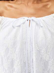 MISSGUIDED Off Shoulder Lace Balloon Sleeve High Low Dress With Ruffle Detail Flowy Mini Party Wedding Guest Reception Dress With Long Bell Sleeves