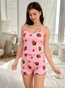 2 件青少年女孩休闲草莓和心形印花吊带背心和短裤睡衣套装，粉色 - 粉色 - 查看 4