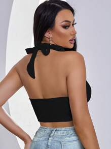 Chiquease Women Solid Color Sexy Halter Neck Backless Crop Tank Top,Fashionable Casual Minimalist Black Sleeveless Deep V-Neck Slim Fit Top,Cute Going Out Top,Bodycon Camis For Holiday/Club/Daily Wear