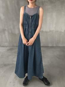 FRIFUL 女士休闲水洗拉链牛仔连身裤 - 中等水洗藍 - 查看 2