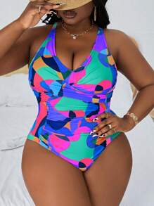 Slaydiva 大码海滩度假彩色印花荷叶边连体泳衣 - 彩色 - 查看 6