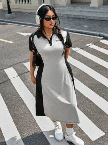 Muchica Plus Size Casual High-Low Contrast Color Pullover Dress - Grey - View 2