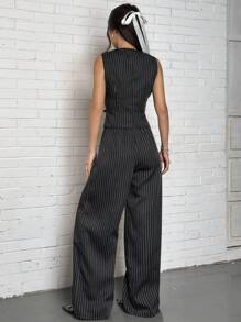 Comfortcana 2pcs Women Stripe Print Vest And Pants Set, Business/Casual Suit - Black - View 2