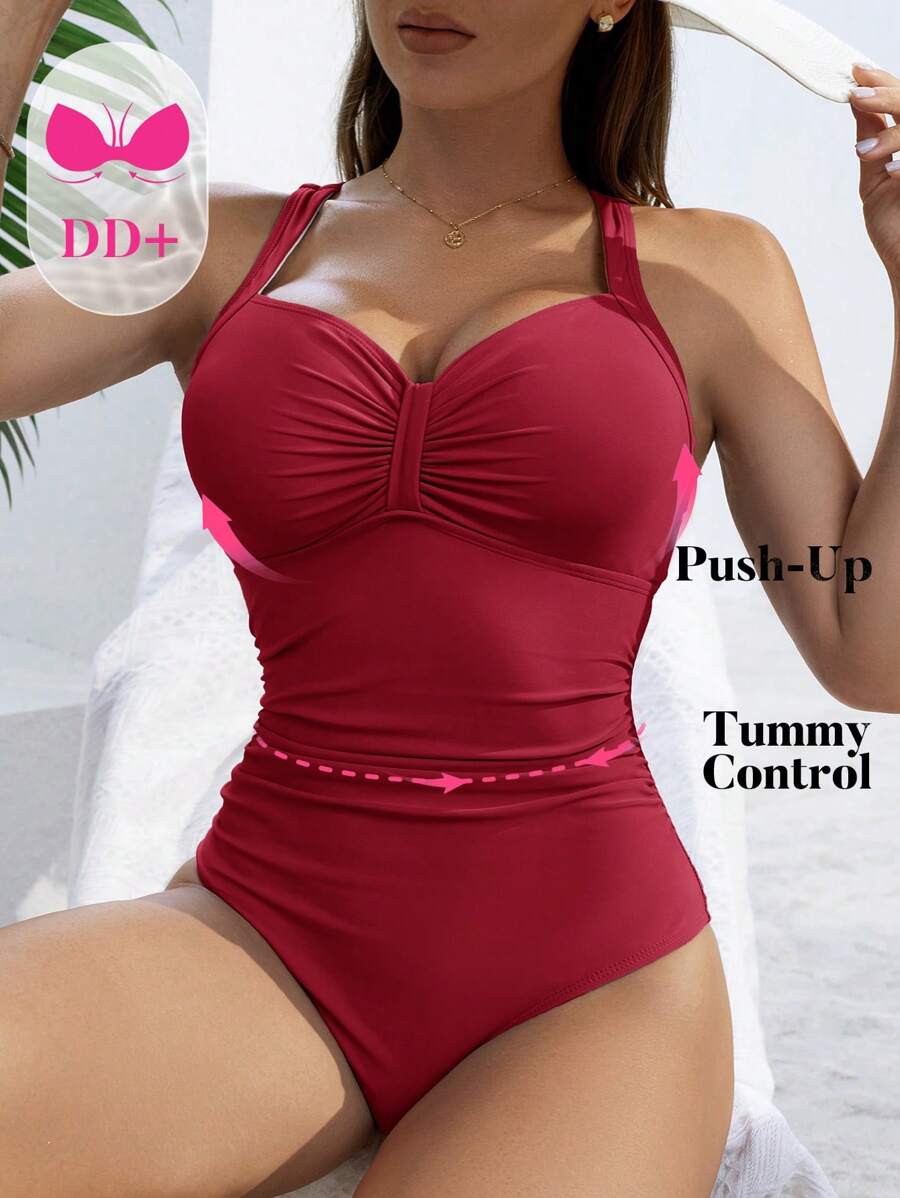 Swim DD+ 1pc Women Solid Color Spaghetti Strap One-Piece Swimsuit, For Vacation & Beach For Summer - Red - View 1