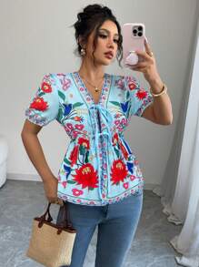 Elenzga Camisa informal con estampado floral y cordón para mujer de vacaciones