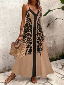 Breezaya 女士印花宽松无袖连衣裙，适合休闲度假和日常穿着 - 卡其色 - 查看 3