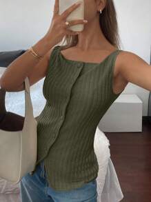Siren Gaze Áo hai dây màu trơn đơn giản mùa hè cho nữ cài nút phía trước - Màu xanh Ô liu - Xem 5