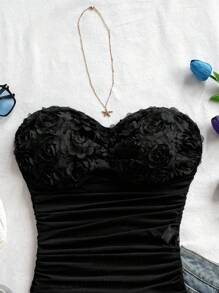 Soleia 女士纯黑色褶饰3D玫瑰抹胸短款抹胸情人节夏季 - 黑色 - 查看 4