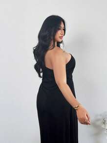 Firerie Plus Size Women Casual Elegant Holiday Beach Date Casual Twisted One Shoulder Sleeveless Asymmetrical Hem Bodycon Dress, Spring/Summer - Black - View 6