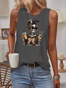 Summer Women Skull & Boba Tea Print Round Neck Tank Top