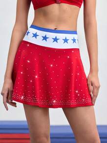 SHEIN Sports Falda y pantalón corto de cheerleader con contraste de color y con detalles de strass para usar en el campus
