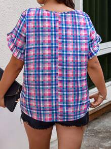 SHEIN LUNE Áo sơ mi tay bèo nhún caro cỡ lớn thường ngày, mùa hè - Nhiều màu - Xem 2