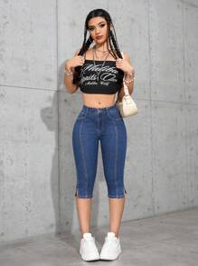 SHEIN Tall Street Casual Style Deconstructed Split Waist Capri Jeans - Medium Wash - View 4