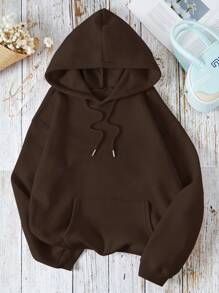 INAWLY Women Solid Color Drawstring Hooded Fleece Sweatshirt, Casual For Autumn/Winter Pullover Fall - Brown - View 1