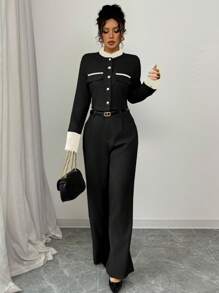 Selianne 优雅通勤拼色夹克和裤子套装 - 黑色 - 查看 5