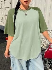 SHEIN EZwear Plus Size Summer Basic Casual Raglan Sleeve Short Sleeve Loose T-Shirt - Green - View 1