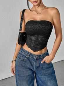 SHEIN PETITE 女士纯色蕾丝拼布不对称下摆紧身黑色抹胸