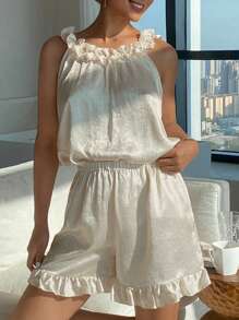 DAZY 女士 2 件套缎面荷叶边吊带背心短裤睡衣套装 - 米色 - 查看 4