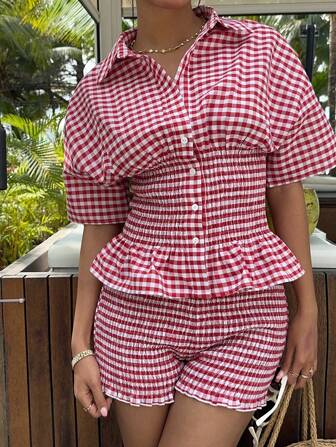 MainGRL 2 Stücke Damen Karohemd und Shorts Set, Lässig