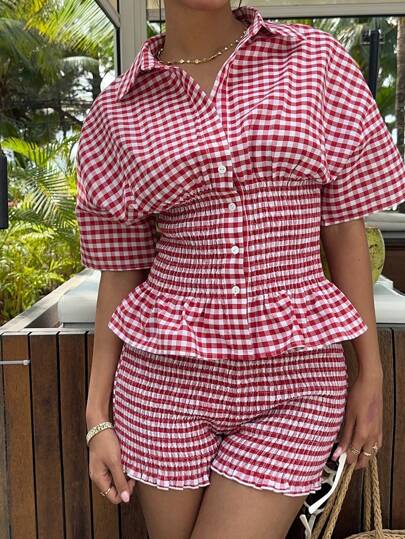 MainGRL Set de camisa y pantalones cortos a cuadros tejidos para mujer, informal