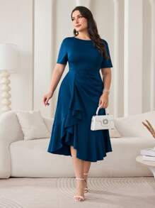 Modelyn 大码女式纯色圆领短袖荷叶边拼接优雅长裙 - 藍色 - 查看 6