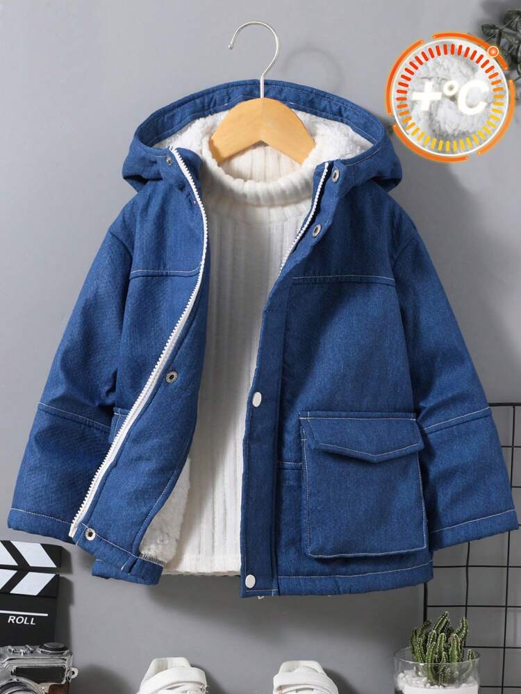 Young Boy Casual Cute Loose Fit Hooded Fleece Jacket With 3d Pockets, Autumn Winter