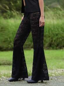 Roylia Women's Summer Music Festival Semi-Sheer Fitted Flare Pants, Vacation Casual Trousers Fall Cloth For Women - Black - View 5