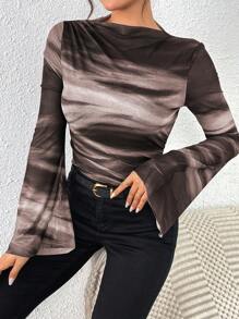 Chiquease Women's Autumn/Winter American Vintage Tie-Dye Mesh Printed Form-Fitting Ruched Decor Long Sleeve Base T-Shirt For Spring