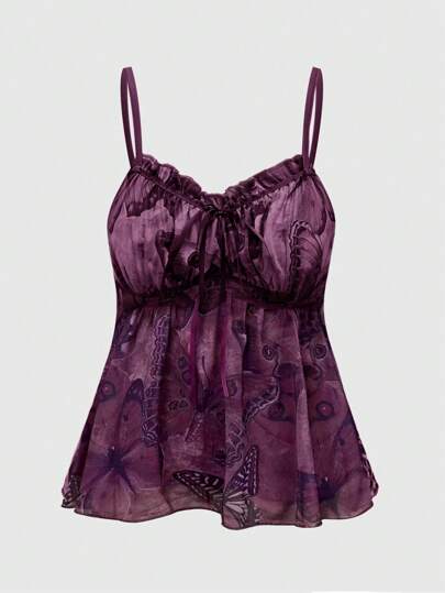 Fairycore Top de tirantes de talla grande de estilo retro con estampado de mariposa para el verano