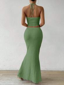 SHEIN Unity Summer Sexy Solid Twist Back Halter Crop Top & Fishtail Skirt 2 Pieces Set - Olive Green - View 2