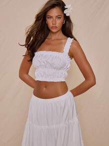 MUSERA Wide Strap Square Neckline Smocked Ruched Crop To Only Spring Summer Vacation Cute Elegant Sweet Escape Girly Beach Festival Western - White - View 1