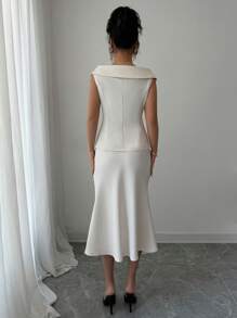 Elenzga Elegant Luxury Quality Double-Breasted Vest & Skirt Women's Suit Set - Beige - View 2