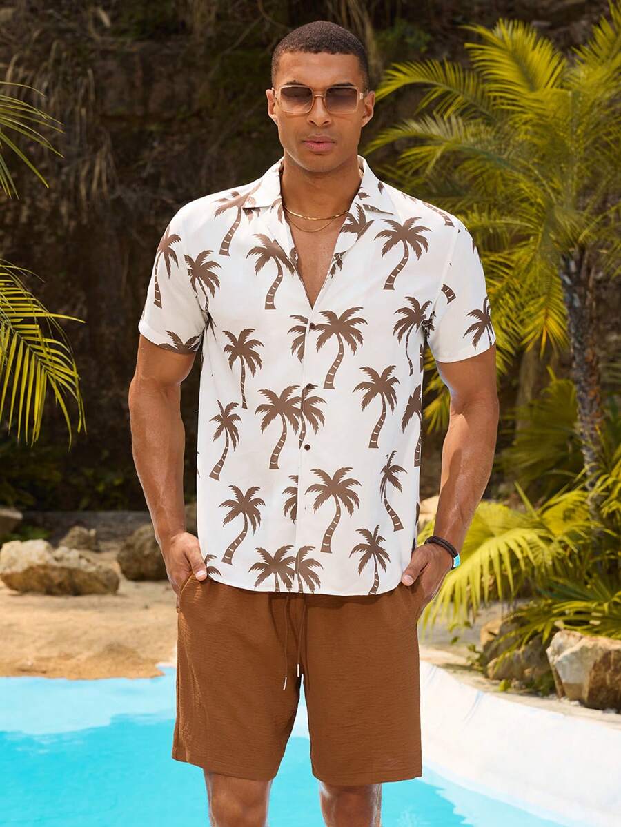 Manfinity VCAY 2pcs/Set Unisex Casual Coconut Tree Print Collared Short Sleeve Shirt & Drawstring Waist Straight Shorts Set - Multicolor - View 1