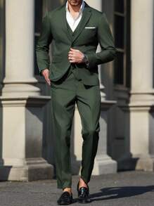 Manfinity Mode 男士纯色单排扣背心、长袖夹克和裤子商务西装套装男士婚礼西装男士正装男士正装，老钱风格