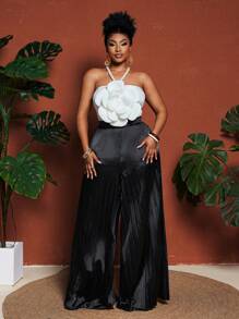 Maweii Tuta elegante con scollo alla halter, motivo floreale, dettagli in perle, ideale per eventi serali, abito da donna taglie comode