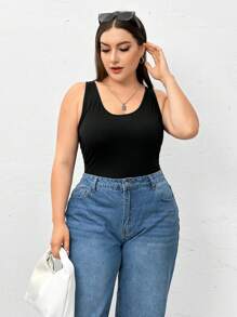 SHEIN Essnce Plus-Size Camisole Drinking Tank Top, Women's Black Top, 2 Pieces, Base Top,Hollowed Costumes Sexy Women Outfits Going Out Tops,Two Pieces Fall Outfits Fall Clothes Curve,Women Sweater Vest
