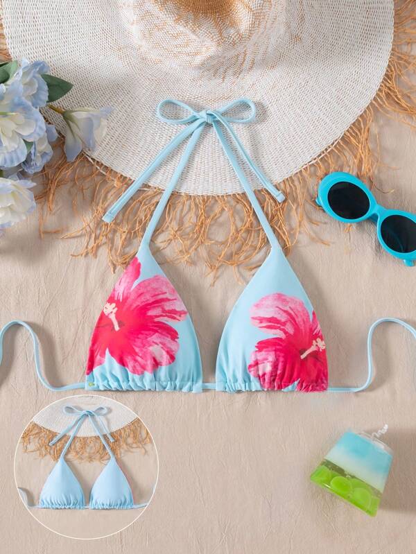 Swim Mod Women Beachwear Summer Outfit, Solid Color Slim Spaghetti Strap Halter Bikini Top