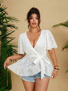 Flirla Áo cánh mùa hè mới cổ chữ V viền bèo nhún buộc eo thanh lịch của Pháp cho kỳ nghỉ, áo thun tay ngắn ôm vừa vặn màu trắng - trắng - Xem 1